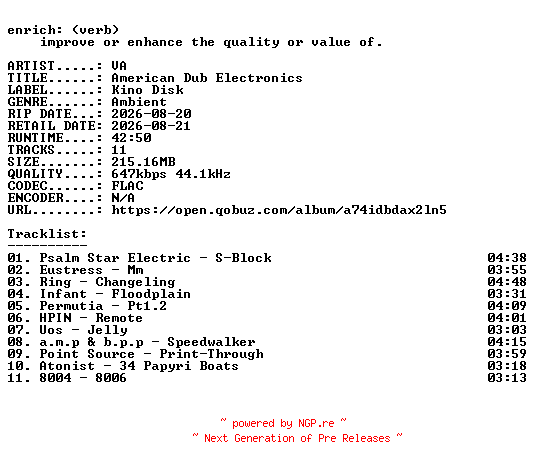 NFO for the release VA-American_Dub_Electronics-16BIT-WEB-FLAC-2026-ENRiCH by ENRiCH