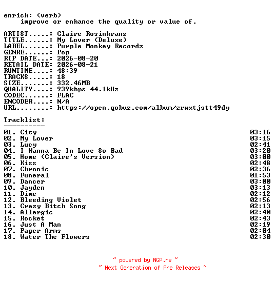 NFO for the release Claire_Rosinkranz-My_Lover_(Deluxe)-16BIT-WEB-FLAC-2026-ENRiCH by ENRiCH