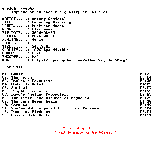 NFO for the release Antony_Szmierek-Decoding_Birdsong-24BIT-WEB-FLAC-2026-ENRiCH by ENRiCH
