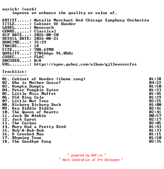 NFO for the release Natalie_Merchant_And_Chicago_Symphony_Orchestra-Cabinet_Of_Wonder-24BIT-WEB-FLAC-2026-ENRiCH by ENRiCH