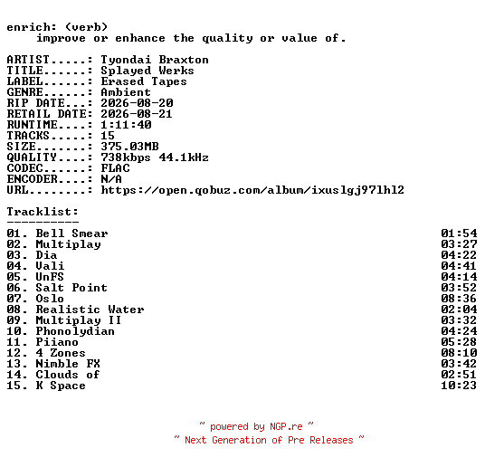 NFO for the release Tyondai_Braxton-Splayed_Werks-16BIT-WEB-FLAC-2026-ENRiCH by ENRiCH