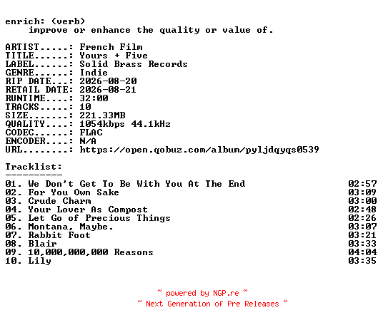 NFO for the release French_Film-Yours__Five-16BIT-WEB-FLAC-2026-ENRiCH by ENRiCH