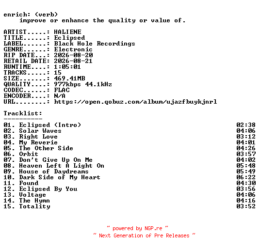 NFO for the release HALIENE-Eclipsed-16BIT-WEB-FLAC-2026-ENRiCH by ENRiCH
