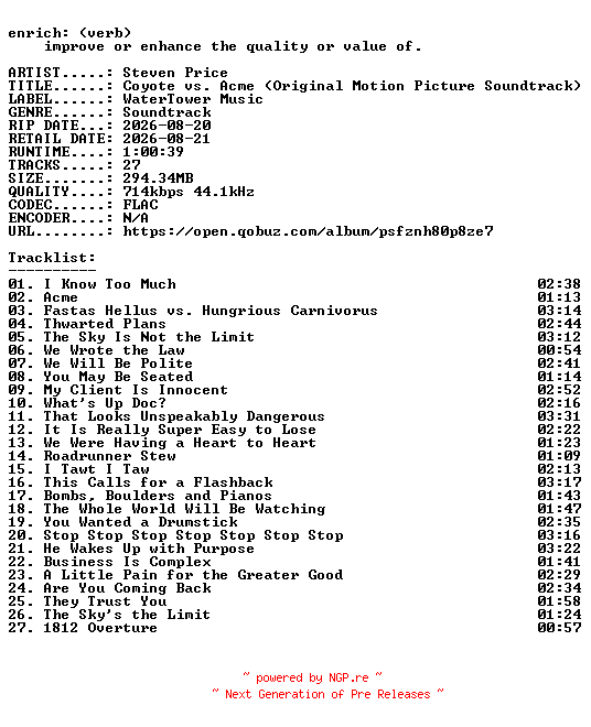 NFO for the release Steven_Price-Coyote_vs._Acme_(Original_Motion_Picture_Soundtrack)-OST-16BIT-WEB-FLAC-2026-ENRiCH by ENRiCH
