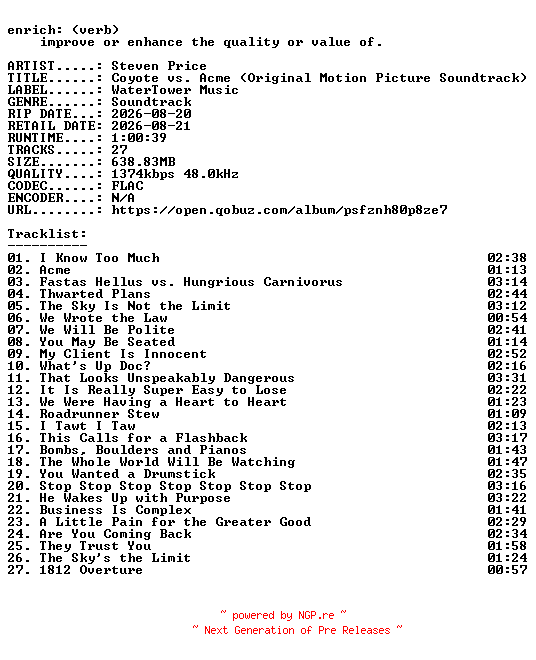 NFO for the release Steven_Price-Coyote_vs._Acme_(Original_Motion_Picture_Soundtrack)-OST-24BIT-WEB-FLAC-2026-ENRiCH by ENRiCH