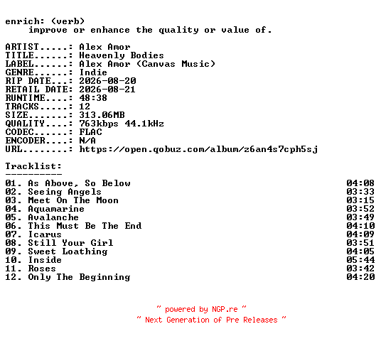 NFO for the release Alex_Amor-Heavenly_Bodies-16BIT-WEB-FLAC-2026-ENRiCH by ENRiCH