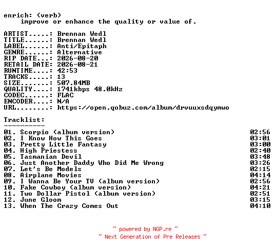 NFO for the release Brennan_Wedl-Brennan_Wedl-24BIT-WEB-FLAC-2026-ENRiCH by ENRiCH