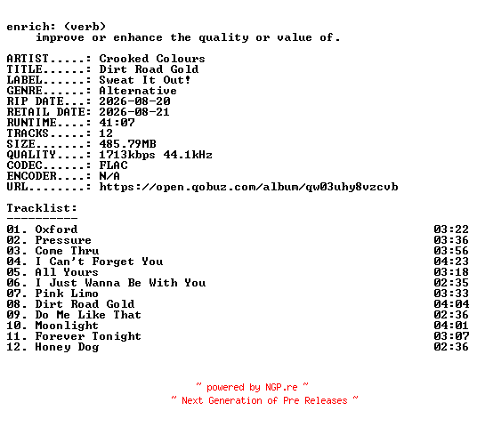 NFO for the release Crooked_Colours-Dirt_Road_Gold-24BIT-WEB-FLAC-2026-ENRiCH by ENRiCH