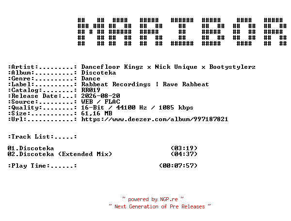 NFO for the release Dancefloor_Kingz_x_Nick_Unique_x_Bootystylerz-Discoteka-(RR019)-16BIT-WEB-FLAC-2026-MARiBOR by MARiBOR