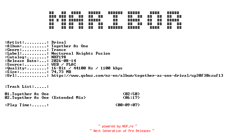 NFO for the release Drival-Together_As_One-(NKF198)-16BIT-WEB-FLAC-2026-MARiBOR by MARiBOR