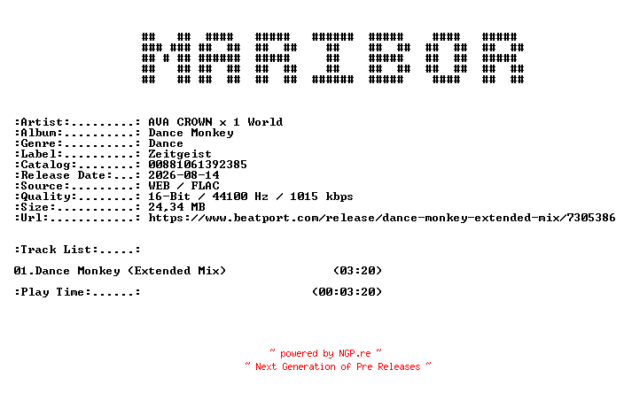 NFO for the release AVA_CROWN_x_1_World-Dance_Monkey_(Extended_Mix)-SINGLE-16BIT-WEB-FLAC-2026-MARiBOR by MARiBOR