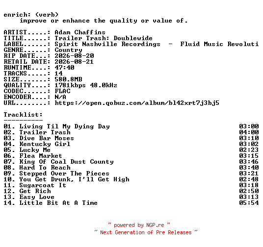NFO for the release Adam_Chaffins-Trailer_Trash_Doublewide-24BIT-WEB-FLAC-2026-ENRiCH by ENRiCH
