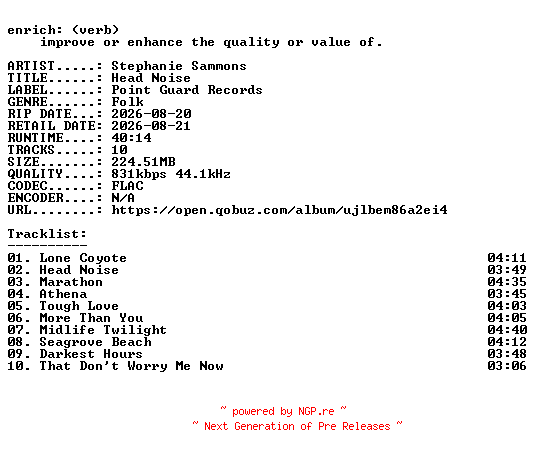 NFO for the release Stephanie_Sammons-Head_Noise-16BIT-WEB-FLAC-2026-ENRiCH by ENRiCH