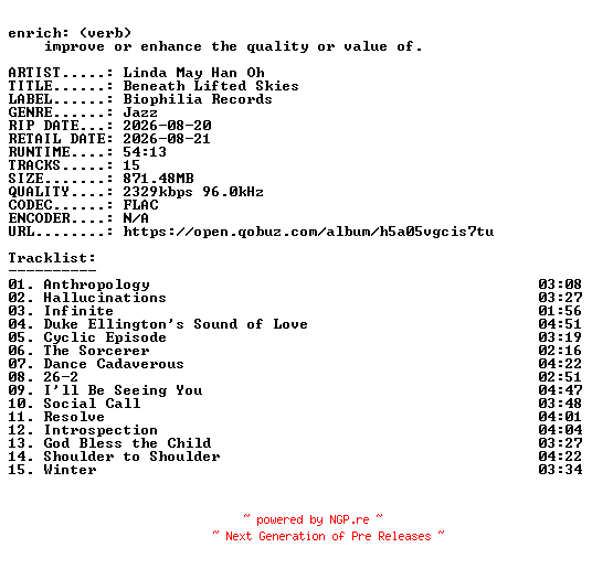 NFO for the release Linda_May_Han_Oh-Beneath_Lifted_Skies-24BIT-WEB-FLAC-2026-ENRiCH by ENRiCH