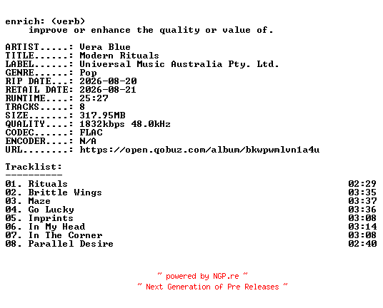 NFO for the release Vera_Blue-Modern_Rituals-24BIT-WEB-FLAC-2026-ENRiCH by ENRiCH