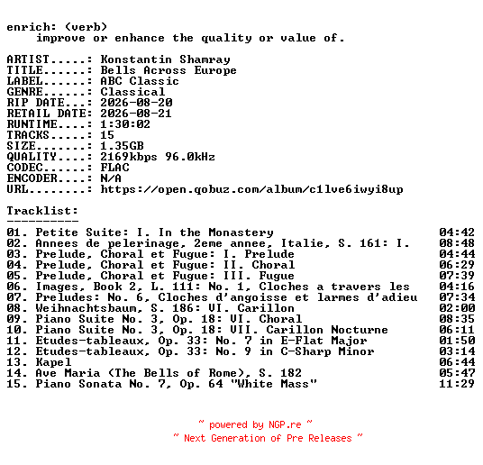 NFO for the release Konstantin_Shamray-Bells_Across_Europe-24BIT-WEB-FLAC-2026-ENRiCH by ENRiCH