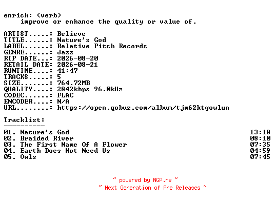 NFO for the release Believe-Natures_God-24BIT-WEB-FLAC-2026-ENRiCH by ENRiCH