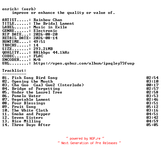 NFO for the release Rainbow_Chan-The_Bridal_Lament-16BIT-WEB-FLAC-2026-ENRiCH by ENRiCH