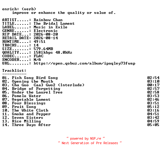 NFO for the release Rainbow_Chan-The_Bridal_Lament-24BIT-WEB-FLAC-2026-ENRiCH by ENRiCH