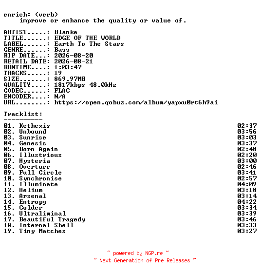 NFO for the release Blanke-EDGE_OF_THE_WORLD-24BIT-WEB-FLAC-2026-ENRiCH by ENRiCH