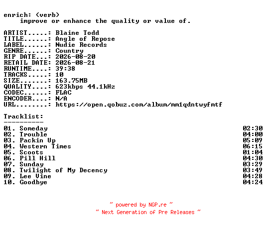 NFO for the release Blaine_Todd-Angle_of_Repose-16BIT-WEB-FLAC-2026-ENRiCH by ENRiCH