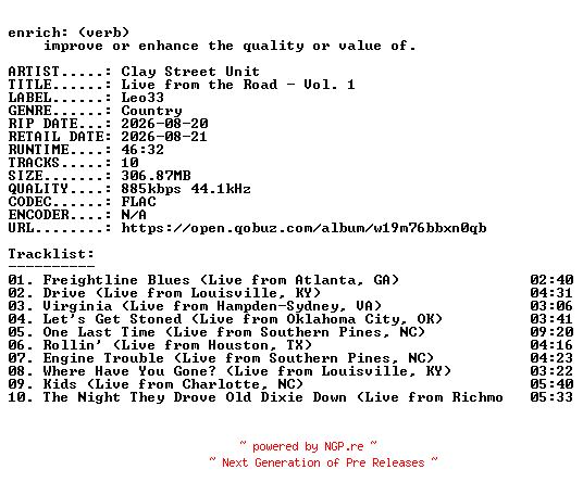 NFO for the release Clay_Street_Unit-Live_from_the_Road__Vol._1-16BIT-WEB-FLAC-2026-ENRiCH by ENRiCH