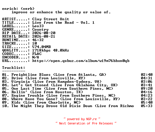NFO for the release Clay_Street_Unit-Live_from_the_Road__Vol._1-24BIT-WEB-FLAC-2026-ENRiCH by ENRiCH