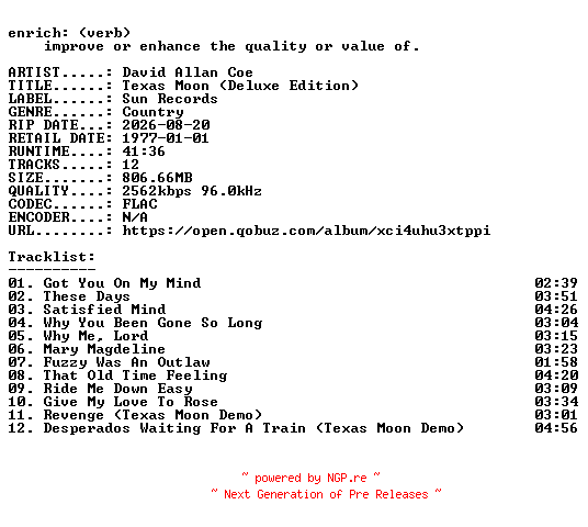 NFO for the release David_Allan_Coe-Texas_Moon_(Deluxe_Edition)-24BIT-WEB-FLAC-2026-ENRiCH by ENRiCH