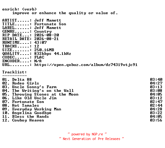NFO for the release Jeff_Mamett-Fortunate_Son-16BIT-WEB-FLAC-2026-ENRiCH by ENRiCH