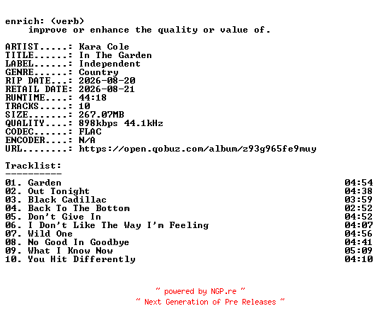NFO for the release Kara_Cole-In_The_Garden-16BIT-WEB-FLAC-2026-ENRiCH by ENRiCH