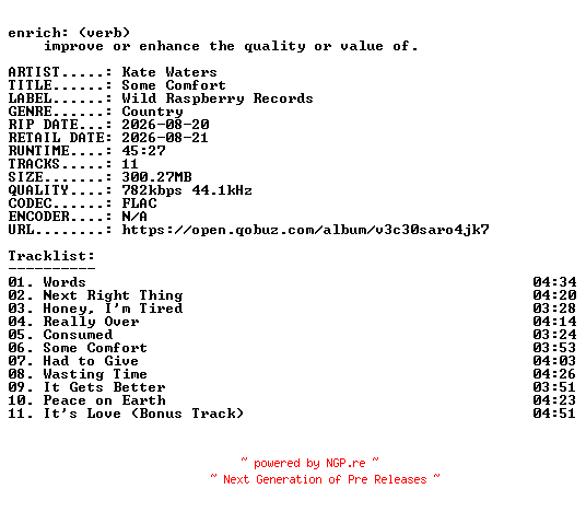 NFO for the release Kate_Waters-Some_Comfort-16BIT-WEB-FLAC-2026-ENRiCH by ENRiCH