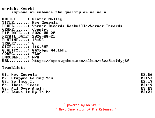 NFO for the release Slater_Nalley-Hey_Georgia-EP-16BIT-WEB-FLAC-2026-ENRiCH by ENRiCH