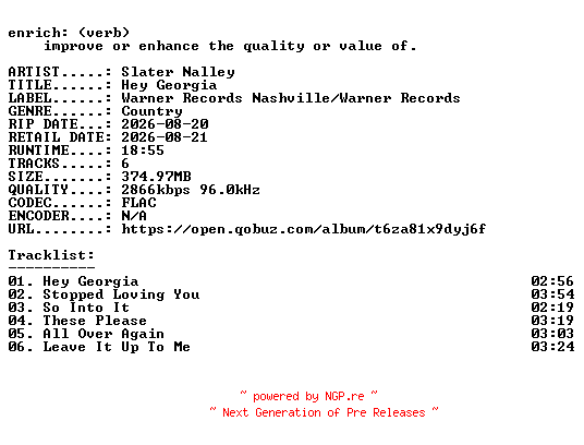 NFO for the release Slater_Nalley-Hey_Georgia-EP-24BIT-WEB-FLAC-2026-ENRiCH by ENRiCH