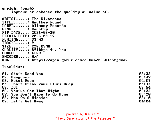 NFO for the release The_Divorcees-Another_Round-16BIT-WEB-FLAC-2026-ENRiCH by ENRiCH