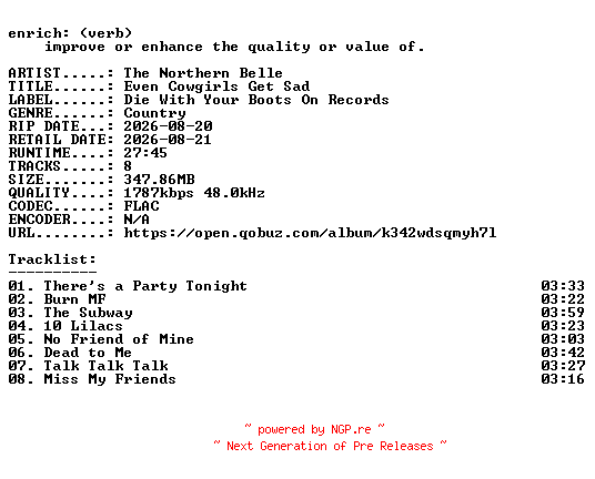 NFO for the release The_Northern_Belle-Even_Cowgirls_Get_Sad-24BIT-WEB-FLAC-2026-ENRiCH by ENRiCH