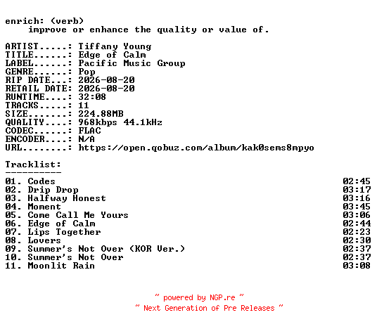 NFO for the release Tiffany_Young-Edge_of_Calm-16BIT-WEB-FLAC-2026-ENRiCH by ENRiCH