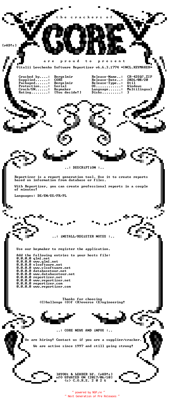 NFO for the release Vitalii.Levchenko.Software.Reportizer.v6.6.3.1774.Multilingual.Incl.Keymaker-CORE by CORE