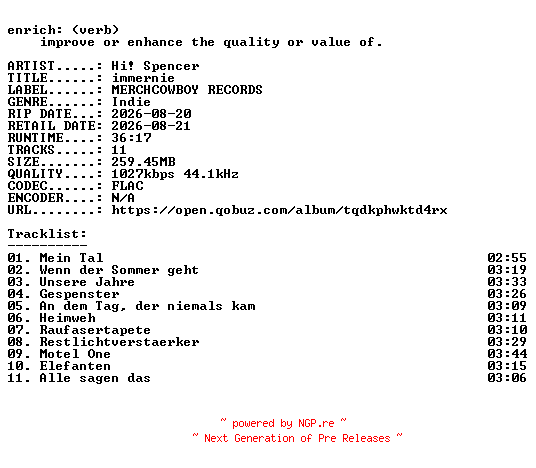 NFO for the release Hi_Spencer-immernie-DE-16BIT-WEB-FLAC-2026-ENRiCH by ENRiCH