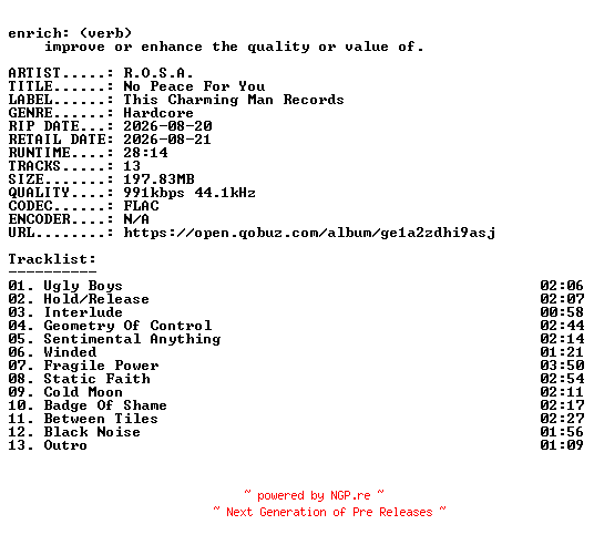 NFO for the release R.O.S.A.-No_Peace_For_You-16BIT-WEB-FLAC-2026-ENRiCH by ENRiCH