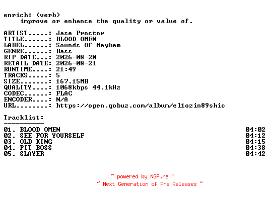 NFO for the release Jase_Proctor-BLOOD_OMEN-EP-16BIT-WEB-FLAC-2026-ENRiCH by ENRiCH