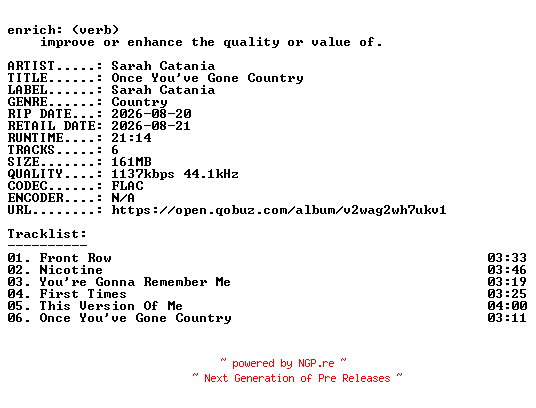 NFO for the release Sarah_Catania-Once_Youve_Gone_Country-EP-16BIT-WEB-FLAC-2026-ENRiCH by ENRiCH