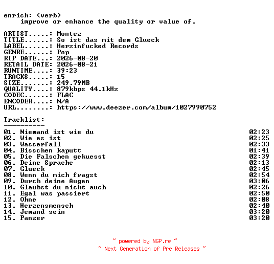 NFO for the release Montez-So_ist_das_mit_dem_Glueck-DE-16BIT-WEB-FLAC-2026-ENRiCH by ENRiCH