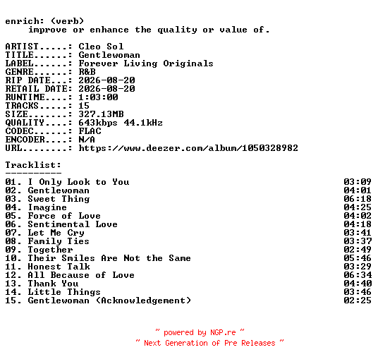 NFO for the release Cleo_Sol-Gentlewoman-16BIT-WEB-FLAC-2026-ENRiCH by ENRiCH