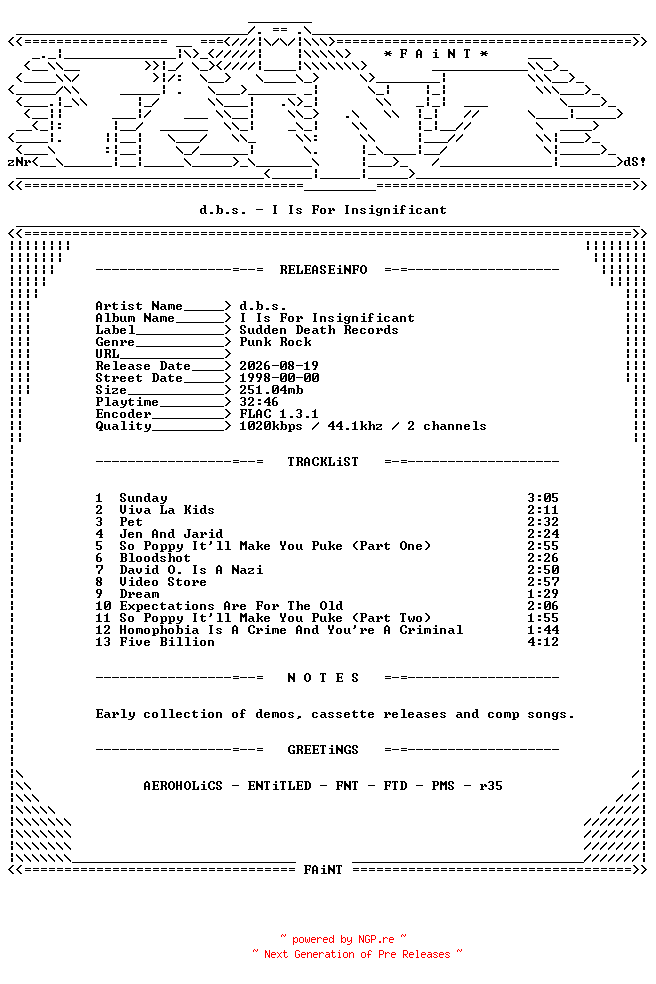 NFO for the release d.b.s.-I_Is_For_Insignificant-CD-FLAC-1998-FAiNT by FAiNT