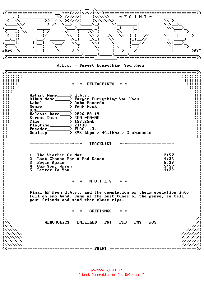 NFO for the release d.b.s.-Forget_Everything_You_Know-CDEP-FLAC-2001-FAiNT by FAiNT