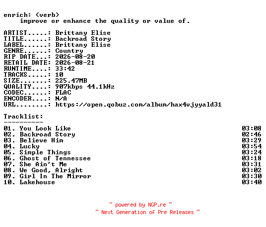 NFO for the release Brittany_Elise-Backroad_Story-16BIT-WEB-FLAC-2026-ENRiCH by ENRiCH