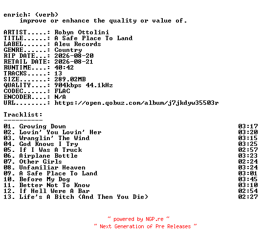 NFO for the release Robyn_Ottolini-A_Safe_Place_To_Land-16BIT-WEB-FLAC-2026-ENRiCH by ENRiCH