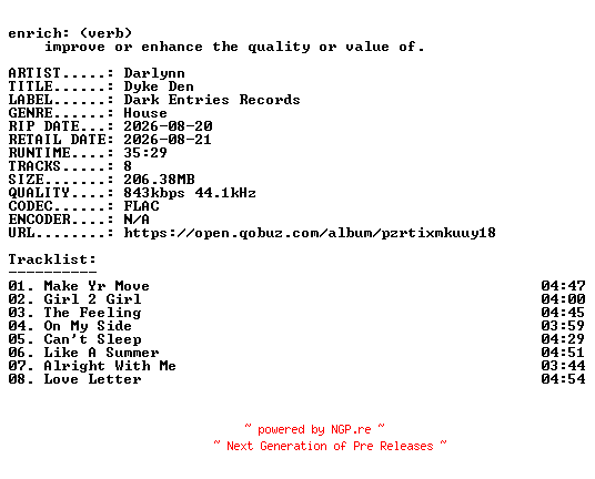 NFO for the release Darlynn-Dyke_Den-16BIT-WEB-FLAC-2026-ENRiCH by ENRiCH