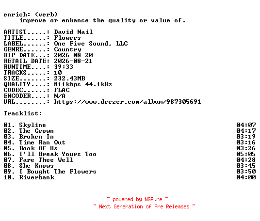 NFO for the release David_Nail-Flowers-16BIT-WEB-FLAC-2026-ENRiCH by ENRiCH