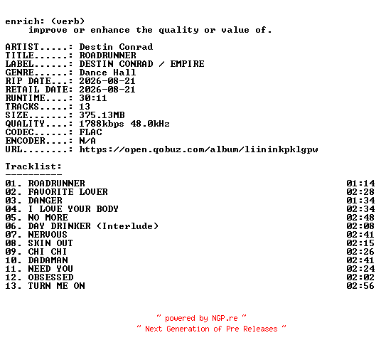 NFO for the release Destin_Conrad-ROADRUNNER-24BIT-WEB-FLAC-2026-ENRiCH by ENRiCH